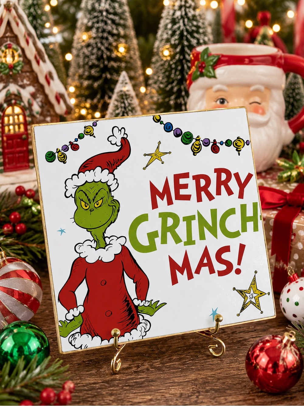 Hand Crafted Grinch Ceramic Coaster Stone 4”